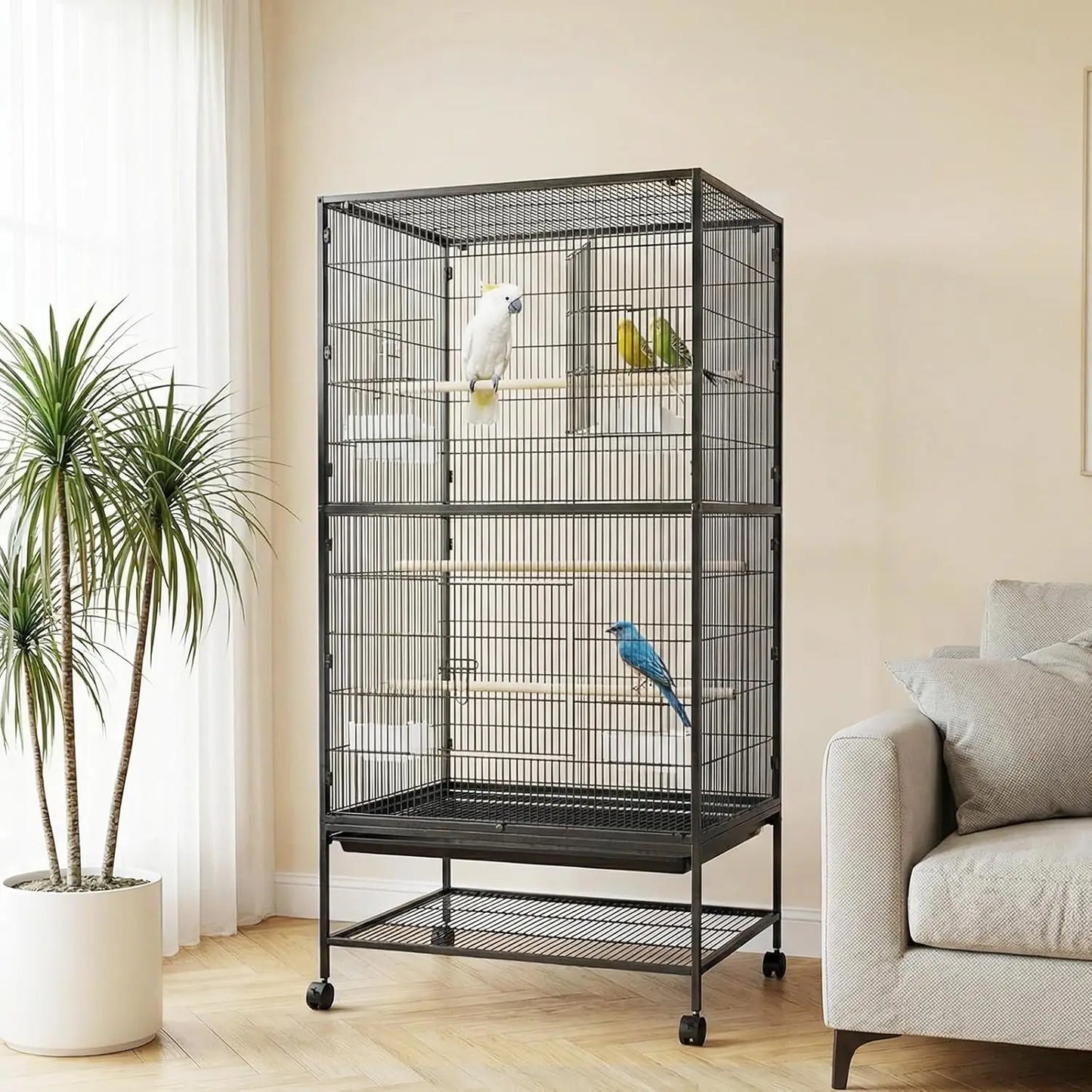 HiMISSCN Bird Cage With Rolling Storage Stands And Feed Bowls