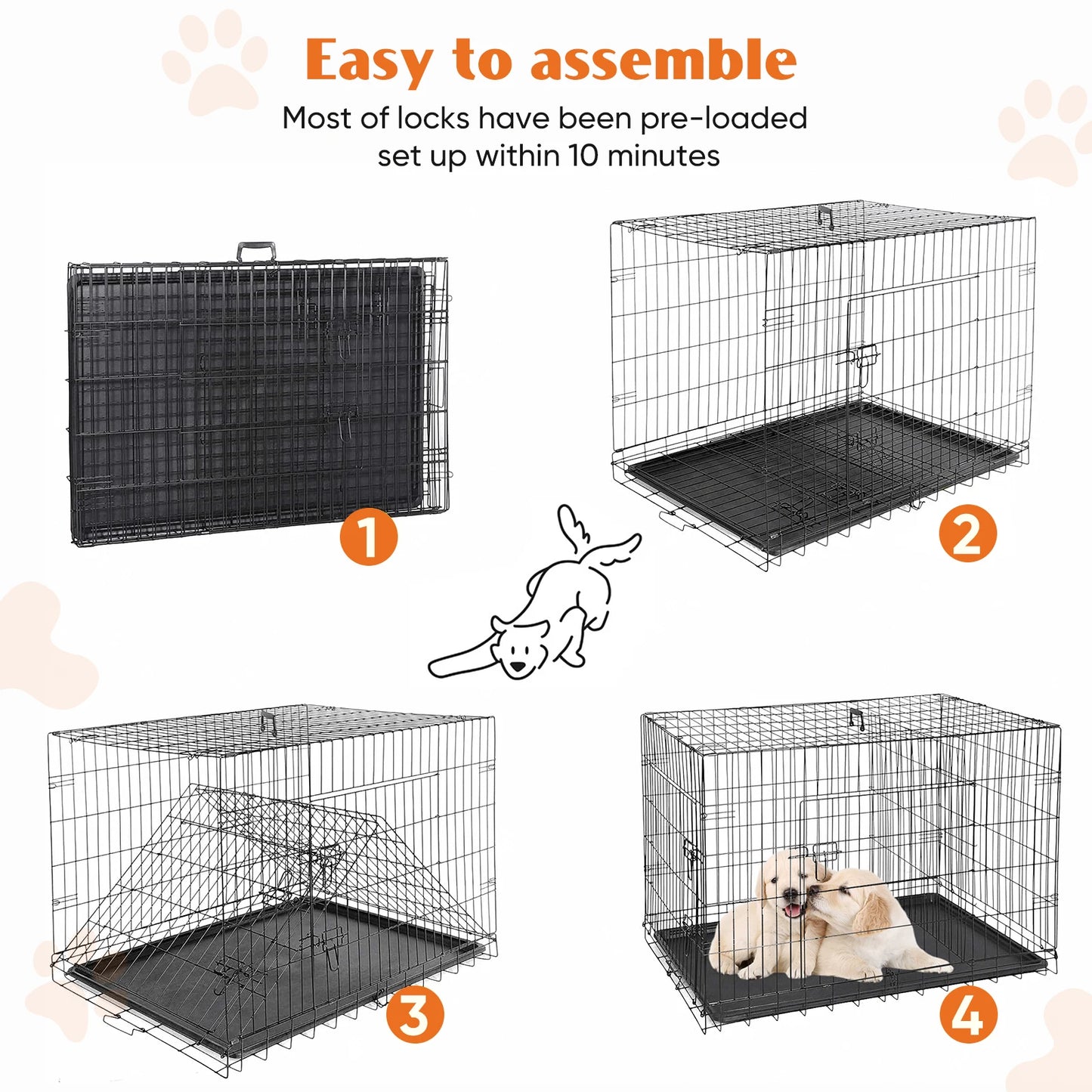 JHK Double Door Folding Metal Wire Dog Cage With Leakproof Pan