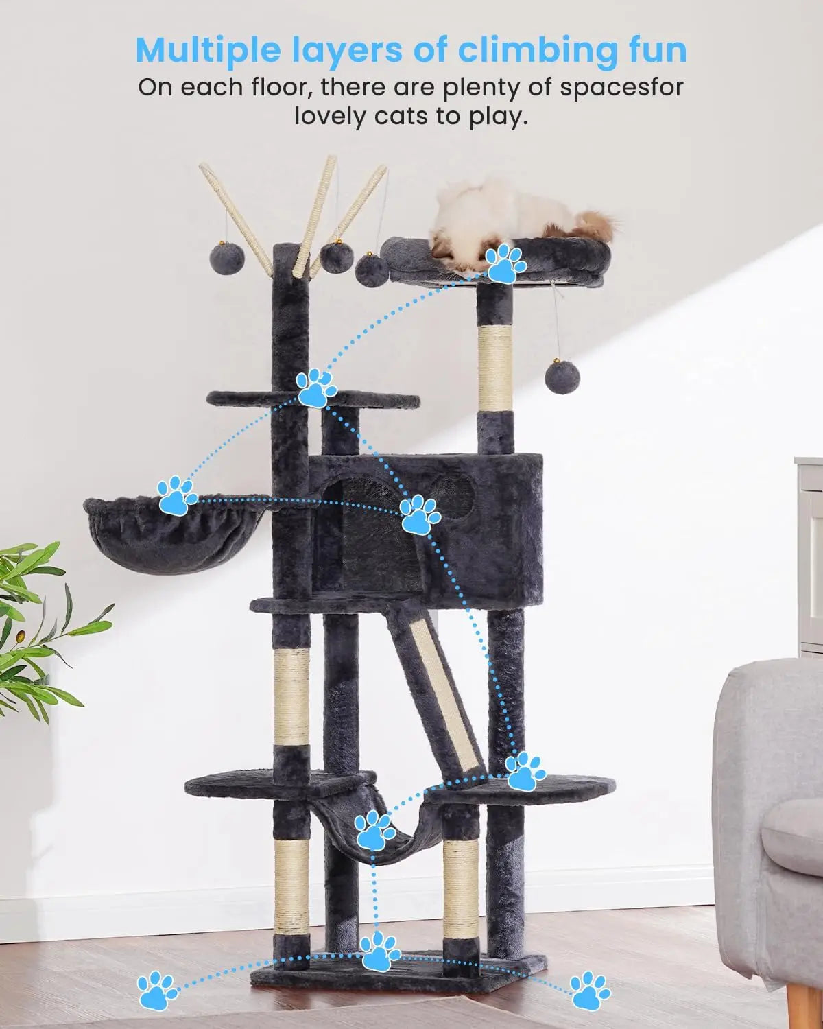 Cat Tree With Padded Bed And Hammocks For Indoor Cats
