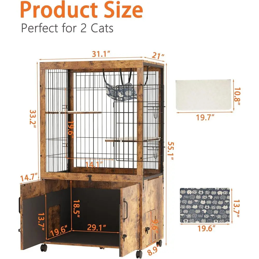 Furniture Style Cat Cage With Built-In Litter Box Enclosure Indoor
