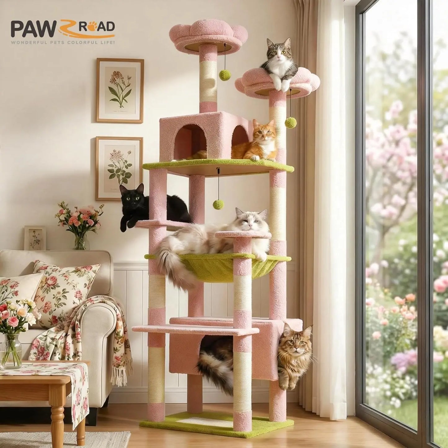 Floral Cat Tree With Steel Frame Hammock And Condos