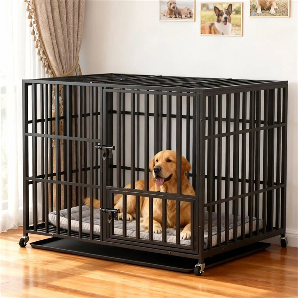 BORWARTH Heavy Duty Dog Crate With Lockable Wheels And Tray