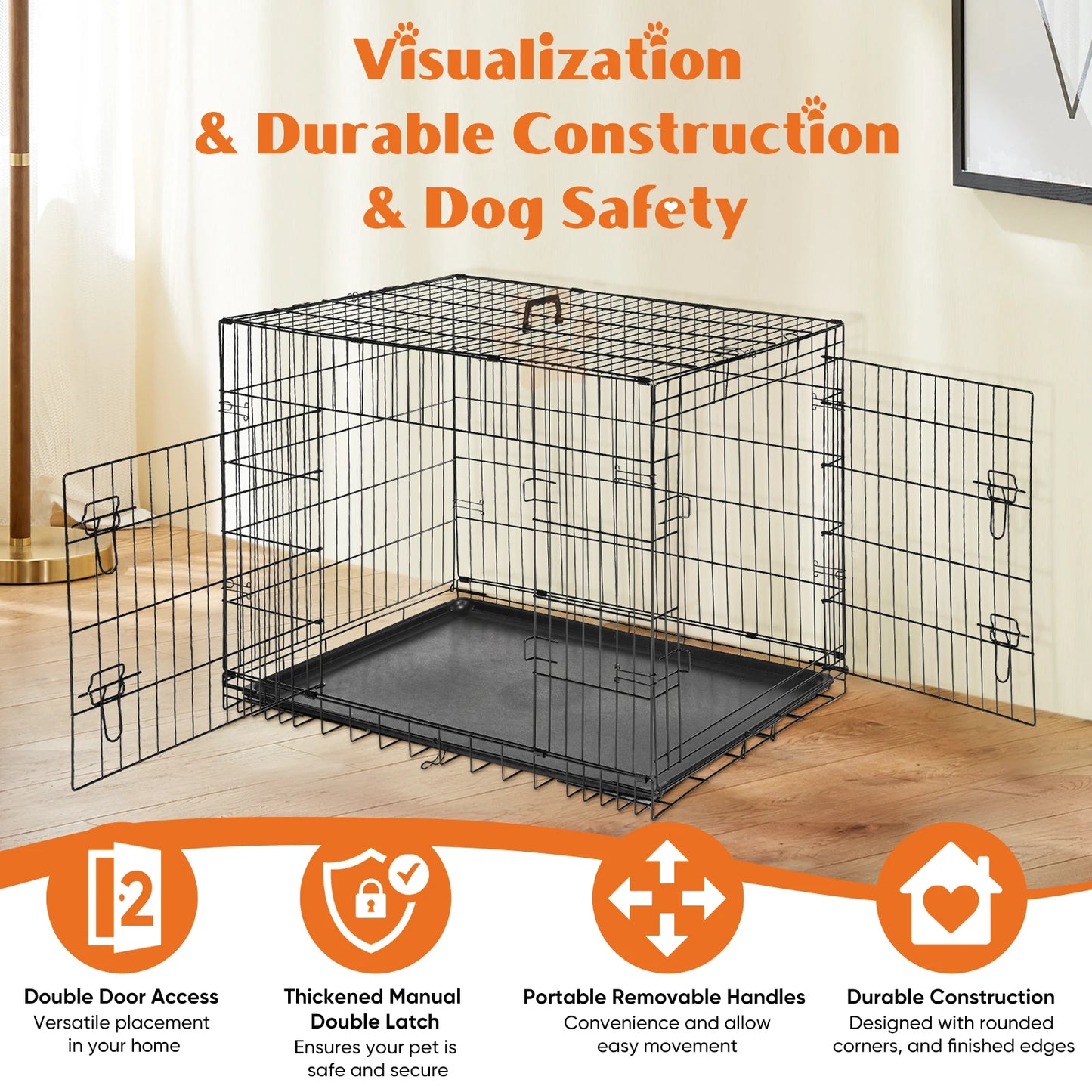 JHK Double Door Folding Metal Wire Dog Cage With Leakproof Pan