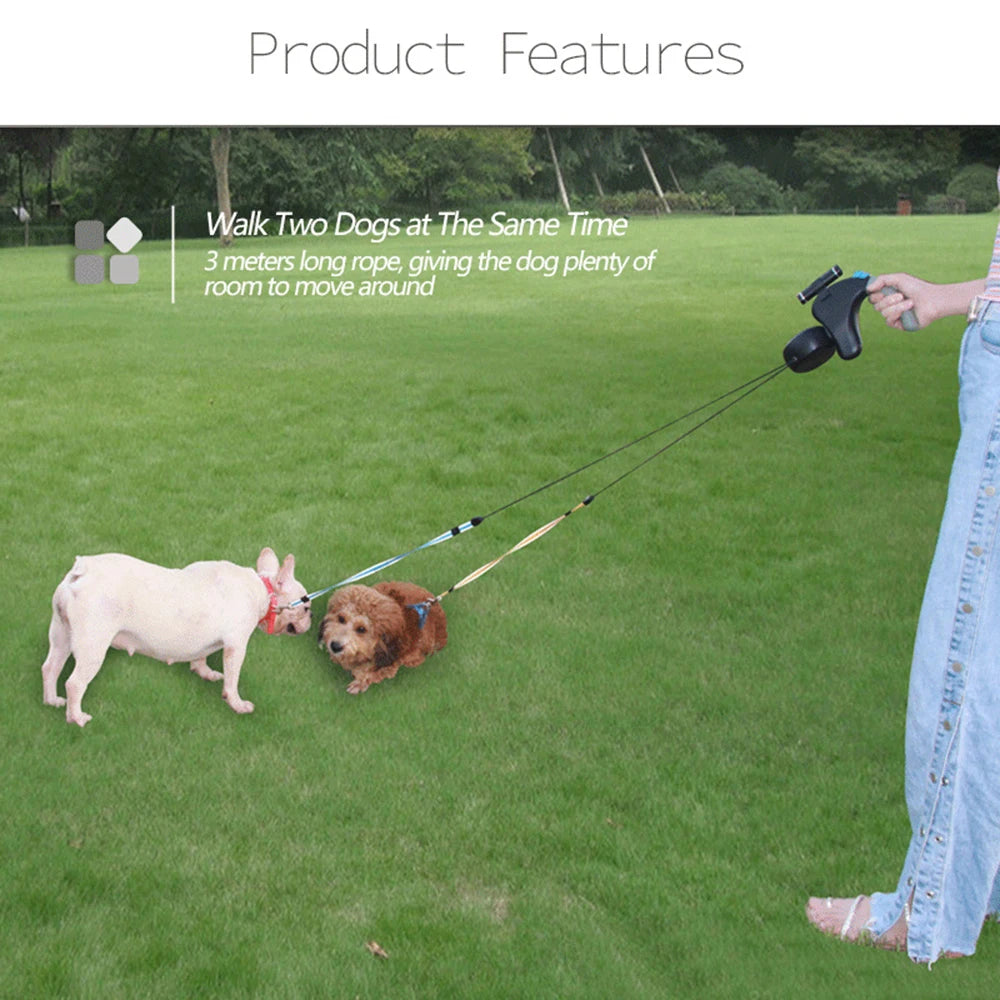 NONECN Dual Dog Leash Retractable Rope With Light And Adjustable