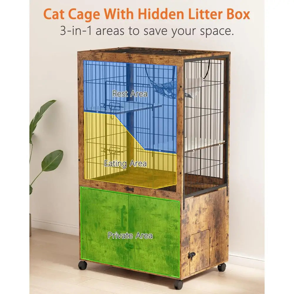 Furniture Style Cat Cage With Built-In Litter Box Enclosure Indoor