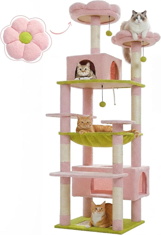 Floral Cat Tree With Steel Frame Hammock And Condos