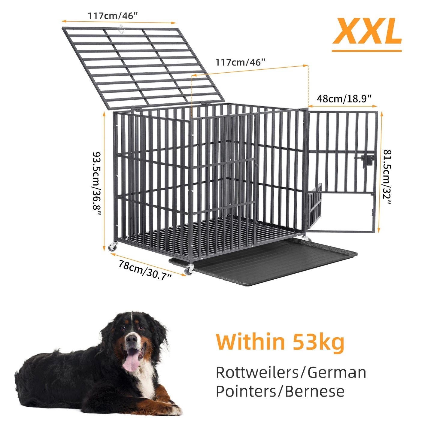 BORWARTH Heavy Duty Dog Crate With Lockable Wheels And Tray