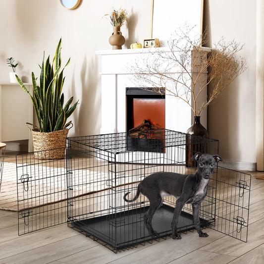 JHK Double Door Folding Metal Wire Dog Cage With Leakproof Pan