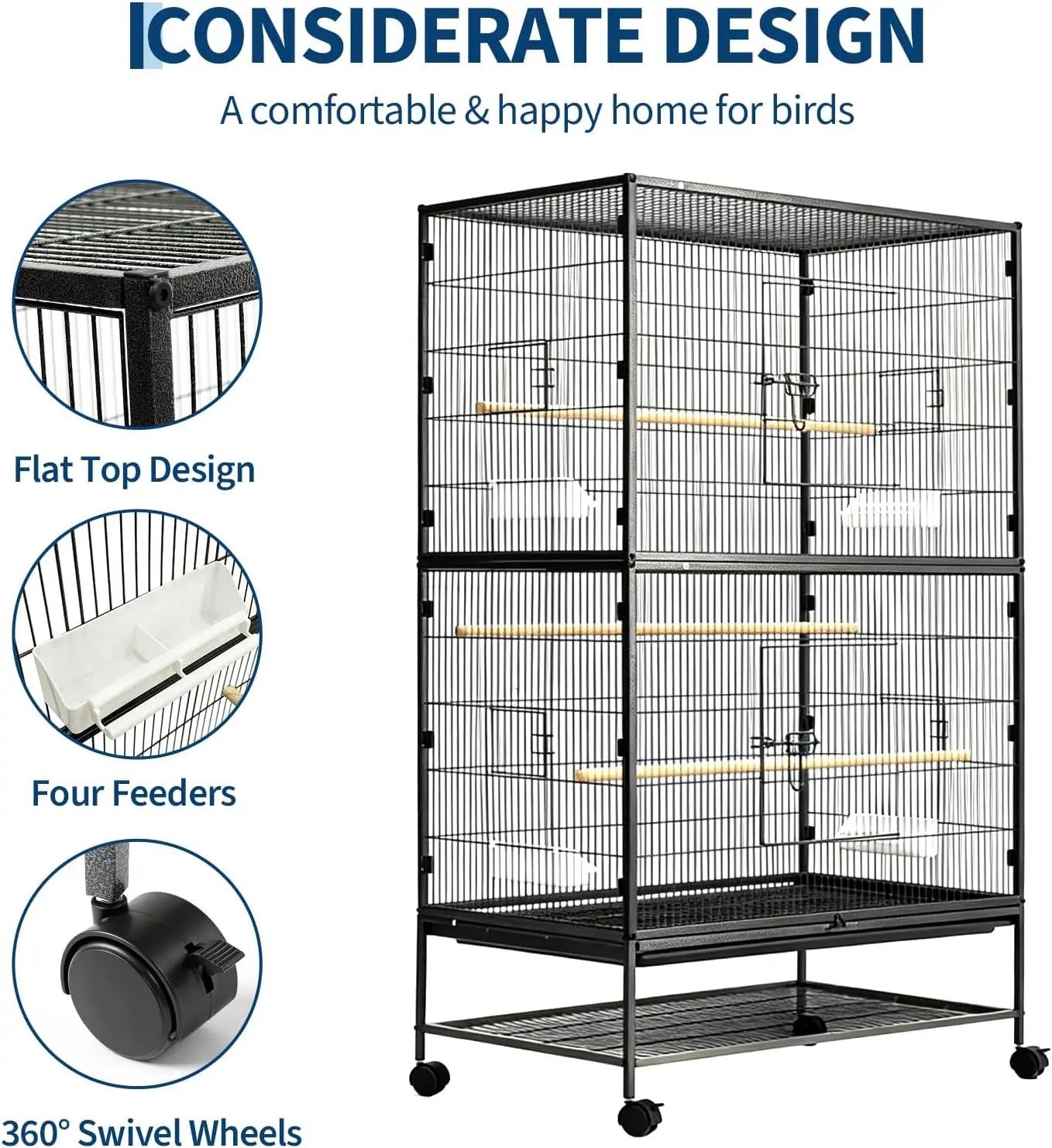 HiMISSCN Bird Cage With Rolling Storage Stands And Feed Bowls