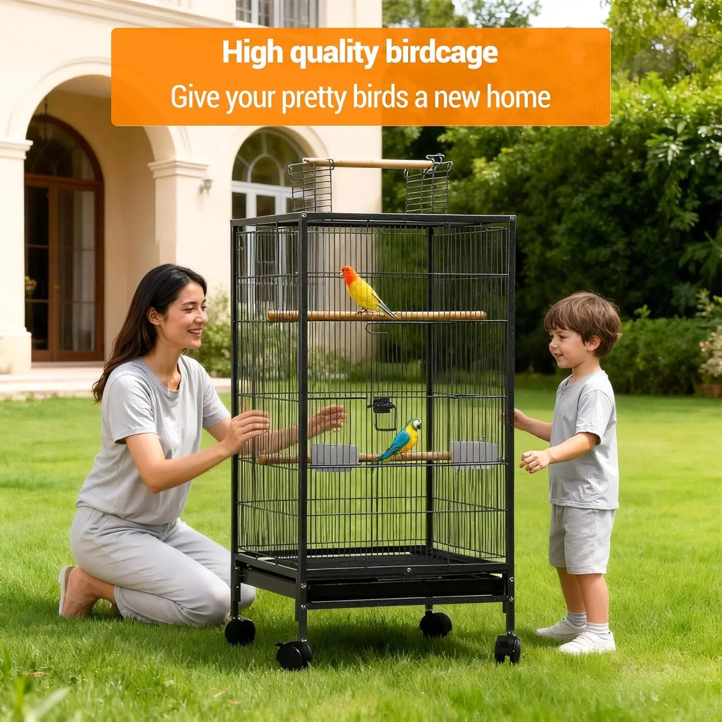 HiMISSCN Open-Top Bird Cage With Rolling Stand And Tray Budgie