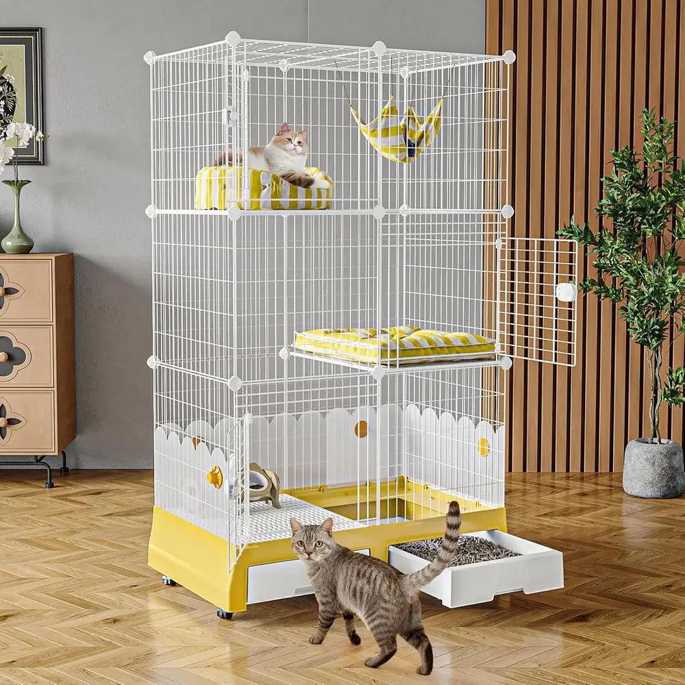 Cat Cage With Litter Box On Wheels For Three Cats Enclosure