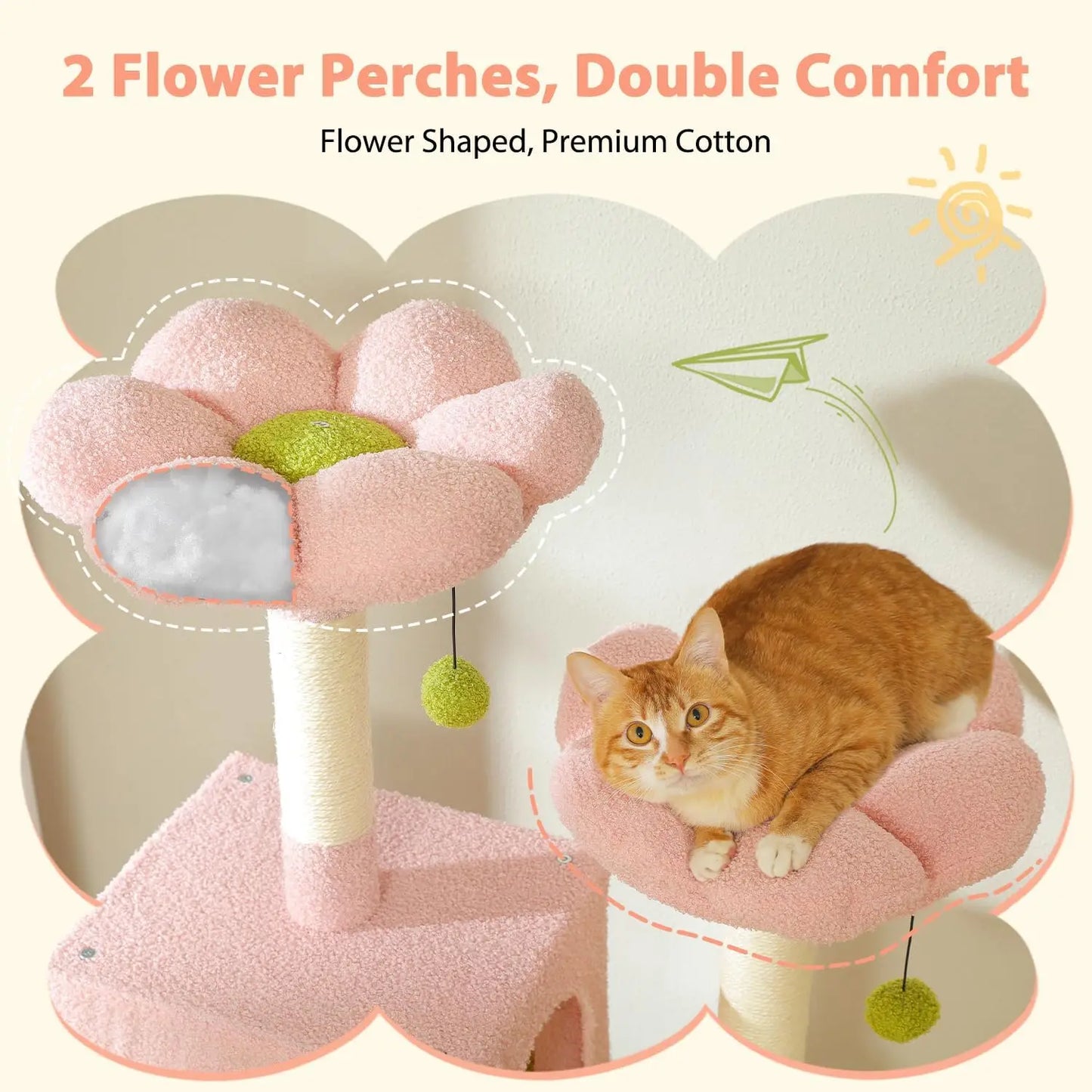 Floral Cat Tree With Steel Frame Hammock And Condos