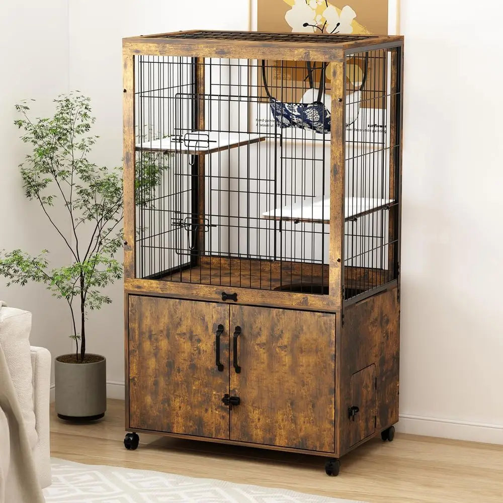 Furniture Style Cat Cage With Built-In Litter Box Enclosure Indoor