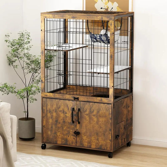 Furniture Style Cat Cage With Built-In Litter Box Enclosure Indoor