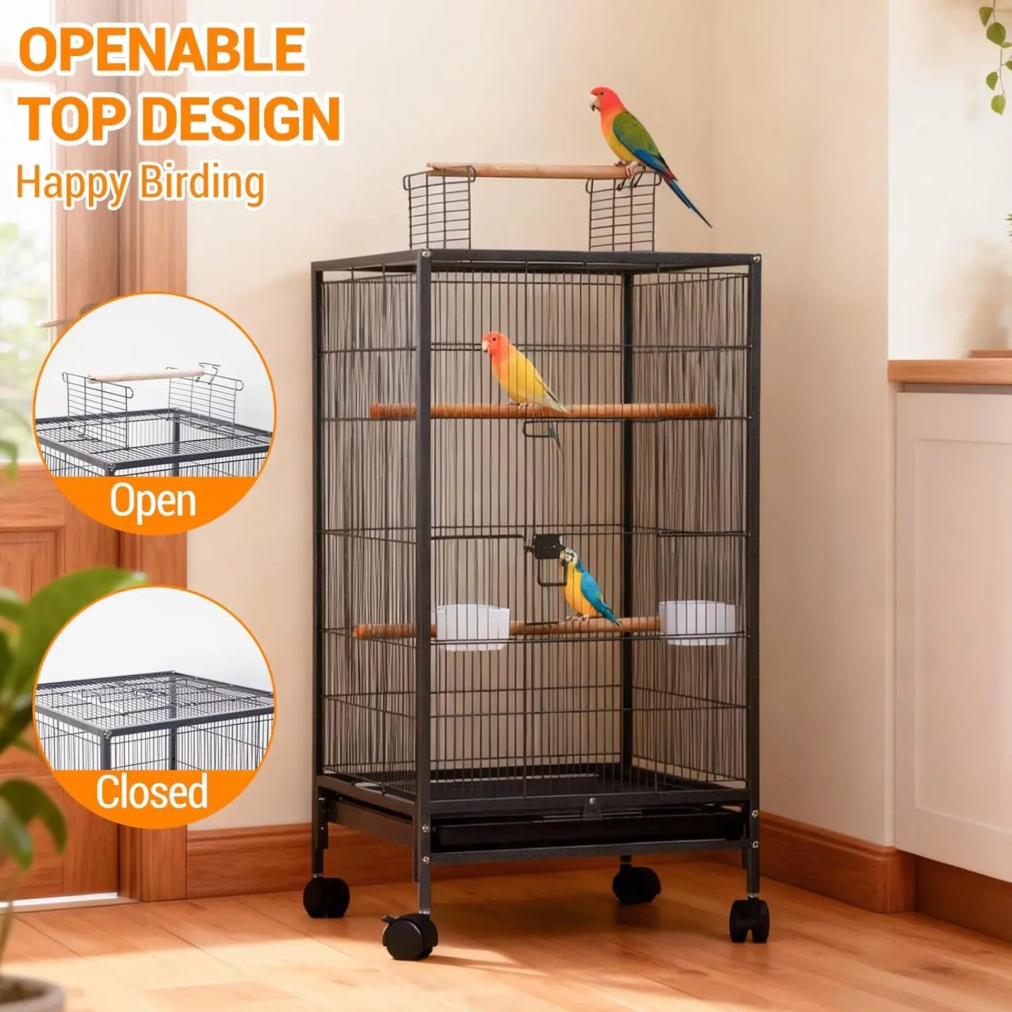 HiMISSCN Open-Top Bird Cage With Rolling Stand And Tray Budgie