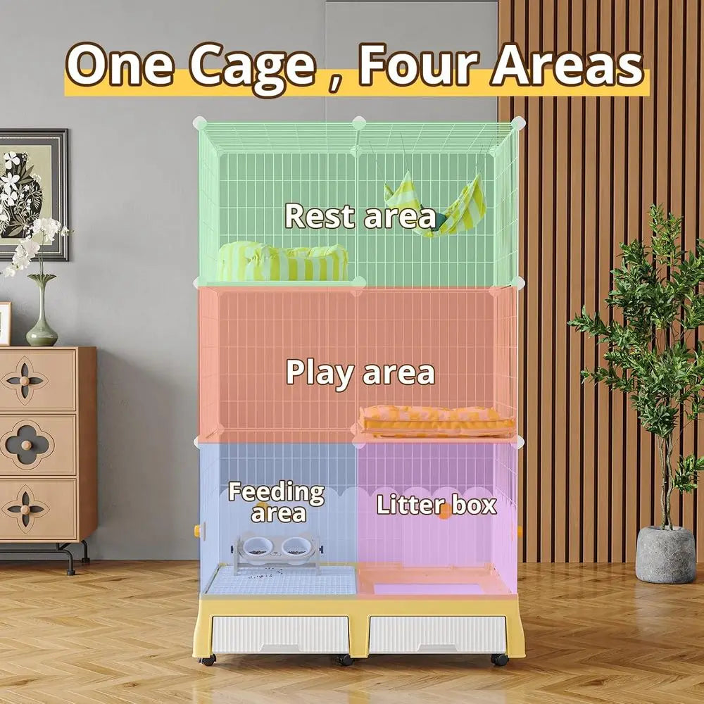Cat Cage With Litter Box On Wheels For Three Cats Enclosure